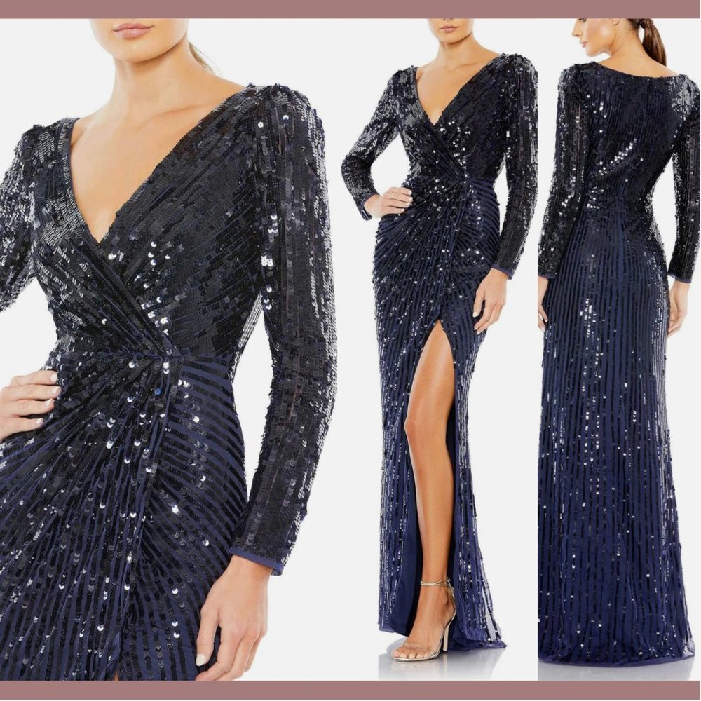NWT $598 Mac Duggal [ 16 ] Sequined Faux Wrap Long Sleeve‎ Dress Gown Blue